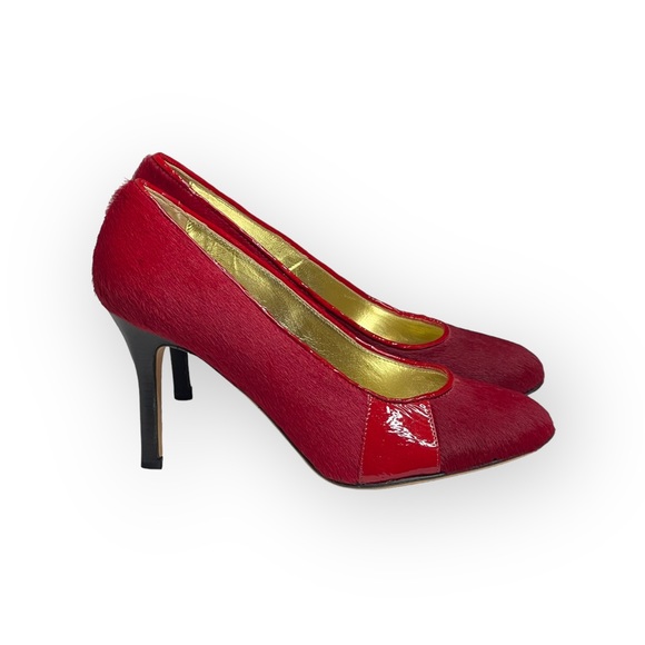 VHTF: new Goldenbleu ♛ Tina Mixed Media Pony Hair Heels Pumps ♛ Red 37.5 7M 7.5M - Picture 4 of 17
